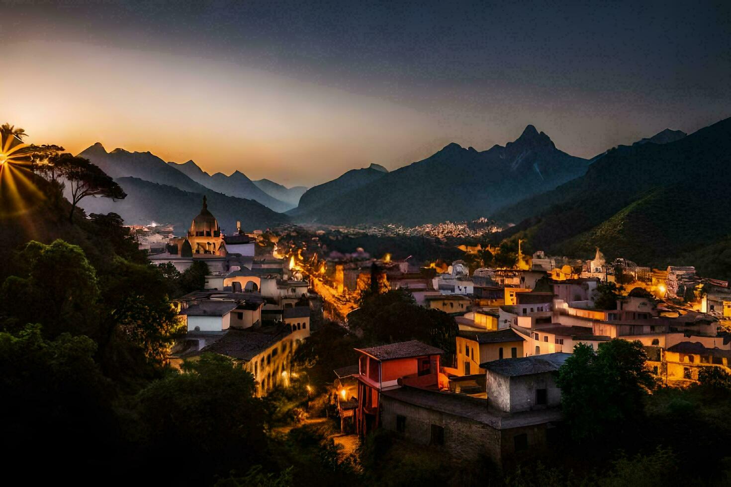photo wallpaper the sky, mountains, the city, the village, the mountains, the city,. AI-Generated