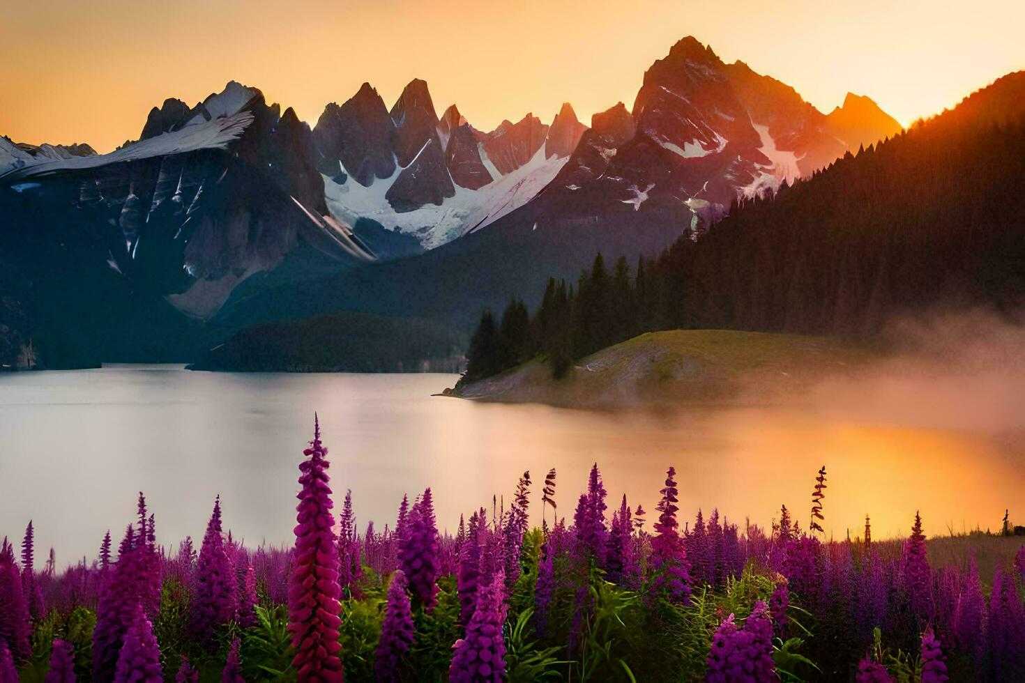 el Dom sube terminado el montañas y el púrpura flores floración en frente de el lago. generado por ai foto