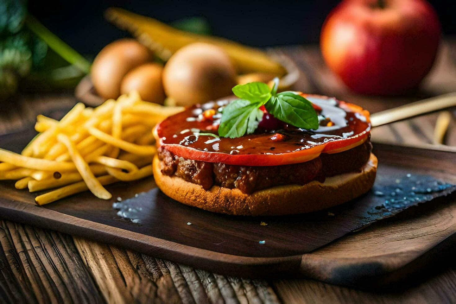 a hamburger with ketchup and vegetables on a wooden cutting board. AI-Generated photo