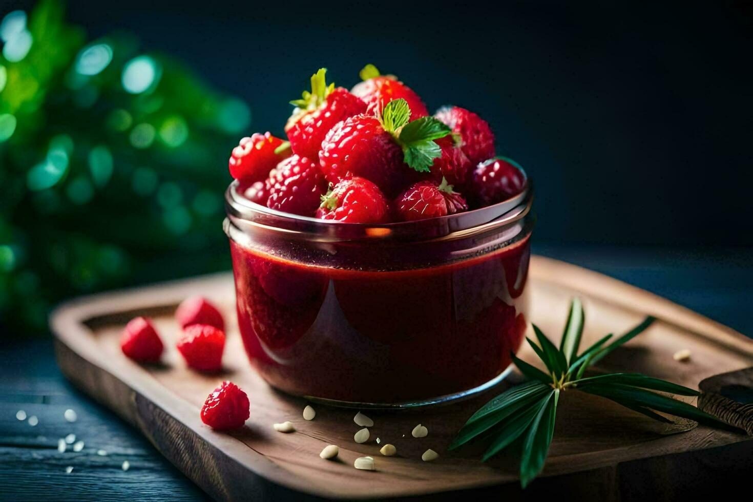 raspberry jam in a glass jar on a wooden table. AI-Generated photo