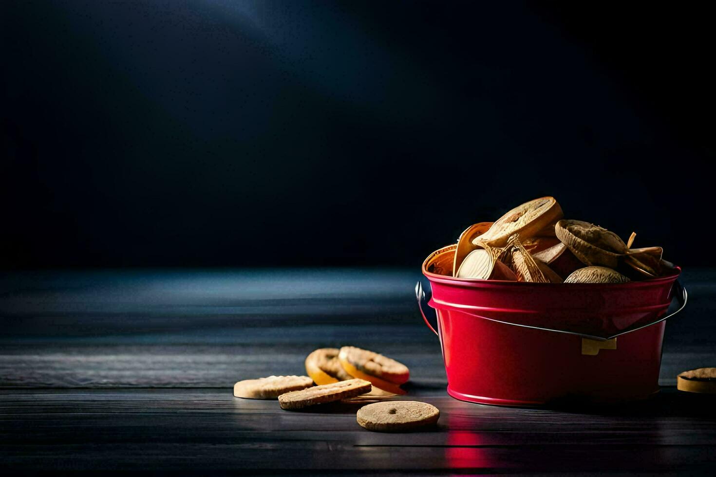 a bucket filled with biscuits on a wooden table. AI-Generated photo