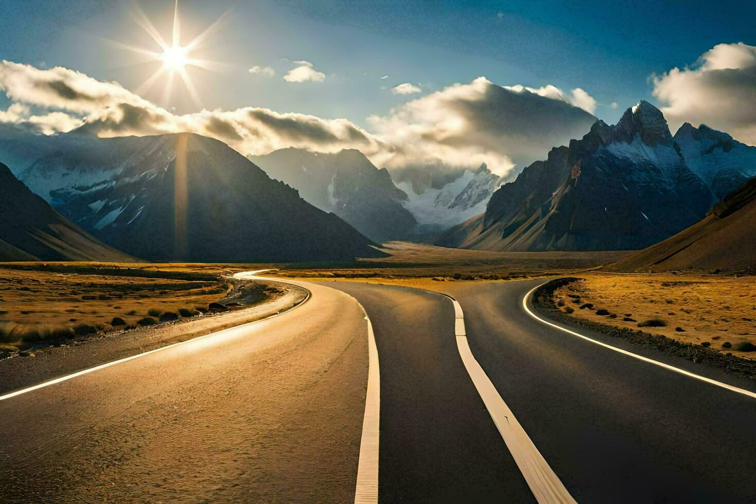 the sun shines over a road in the middle of a mountain range. AI-Generated photo