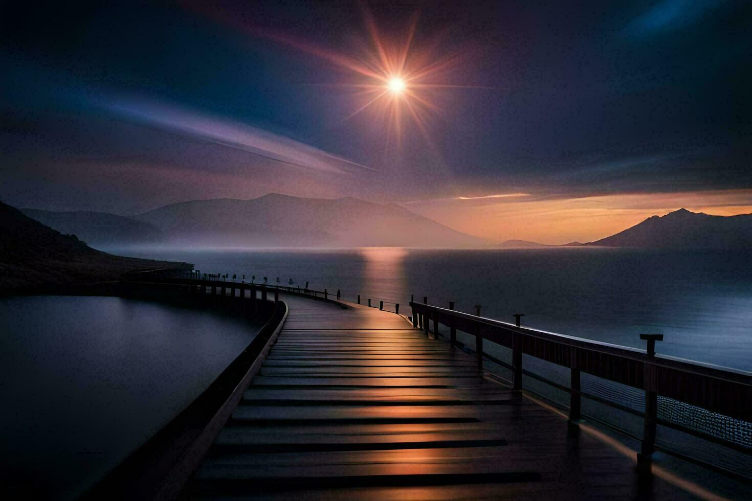 a long pier with a sun shining over it. AI-Generated photo