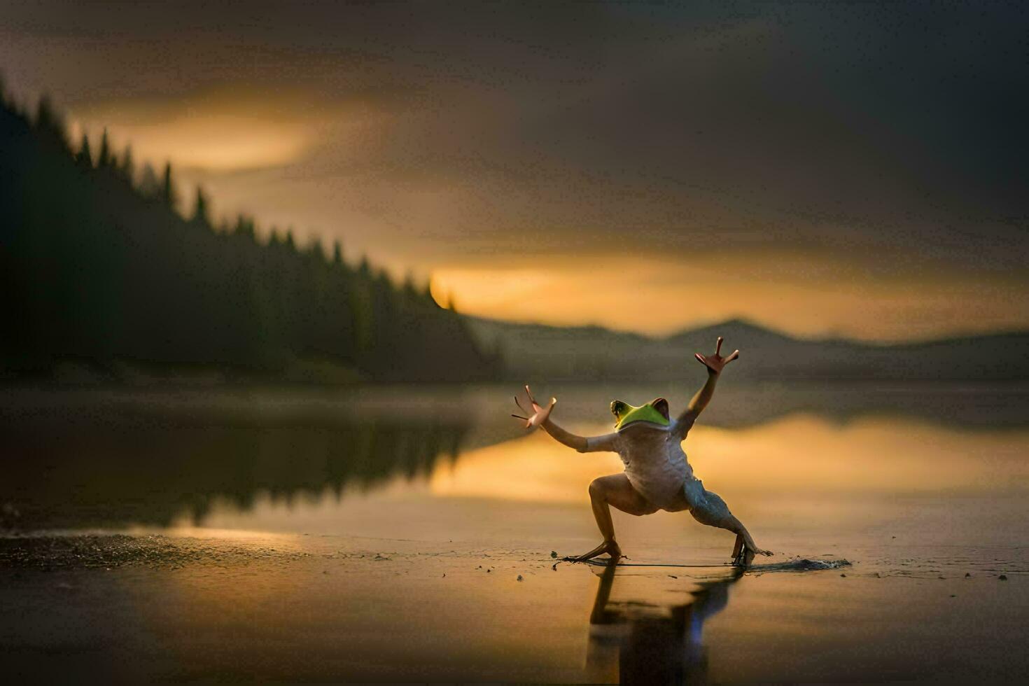 a man is doing a handstand on the shore of a lake. AI-Generated photo