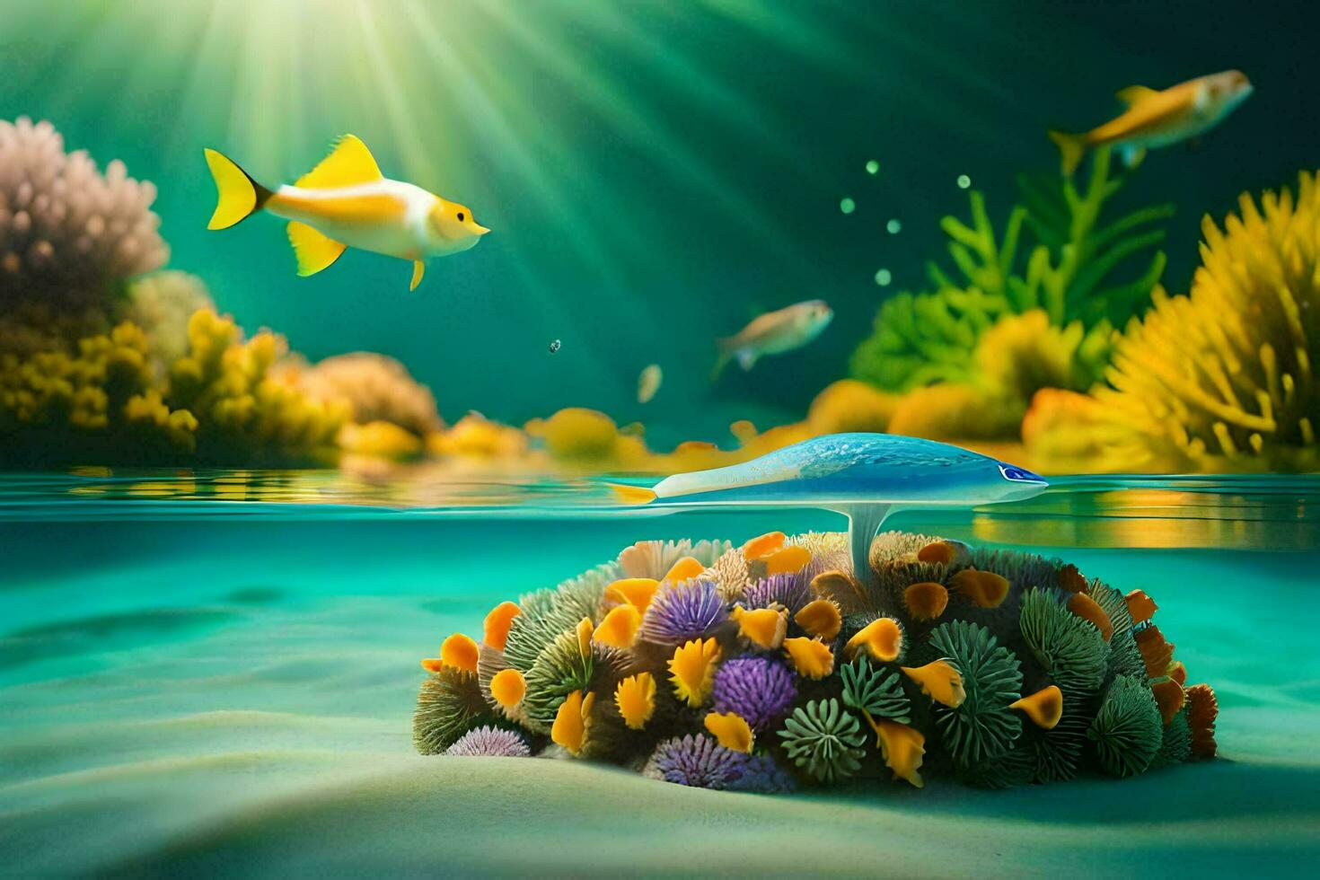 a fish swimming in the ocean with coral reefs and fish. AI-Generated photo
