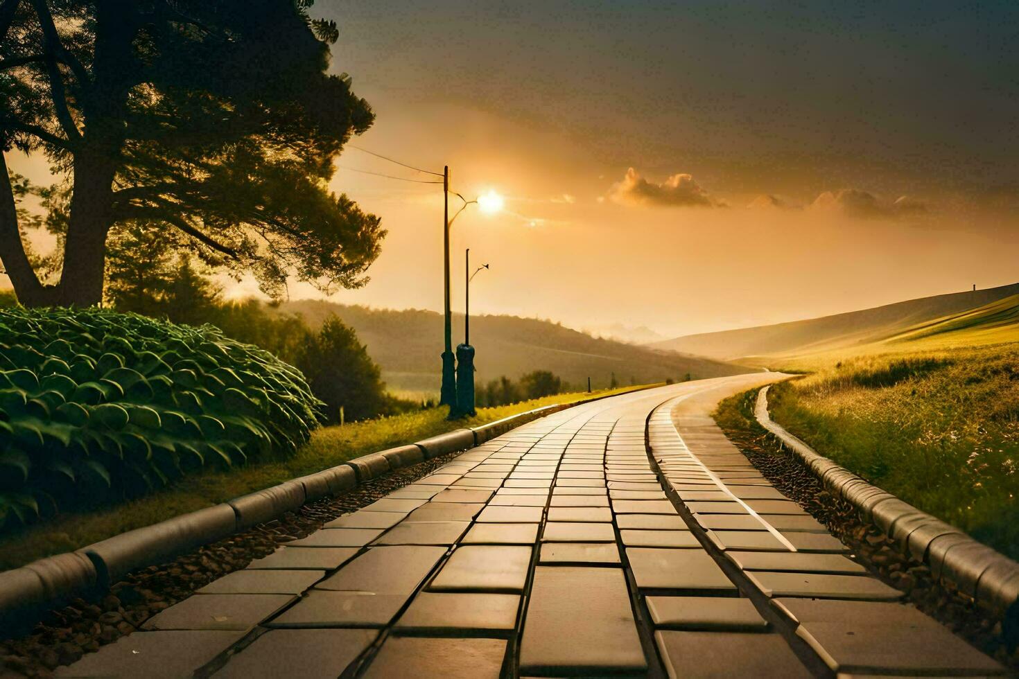 a road leading to the sunset in the countryside. AI-Generated photo