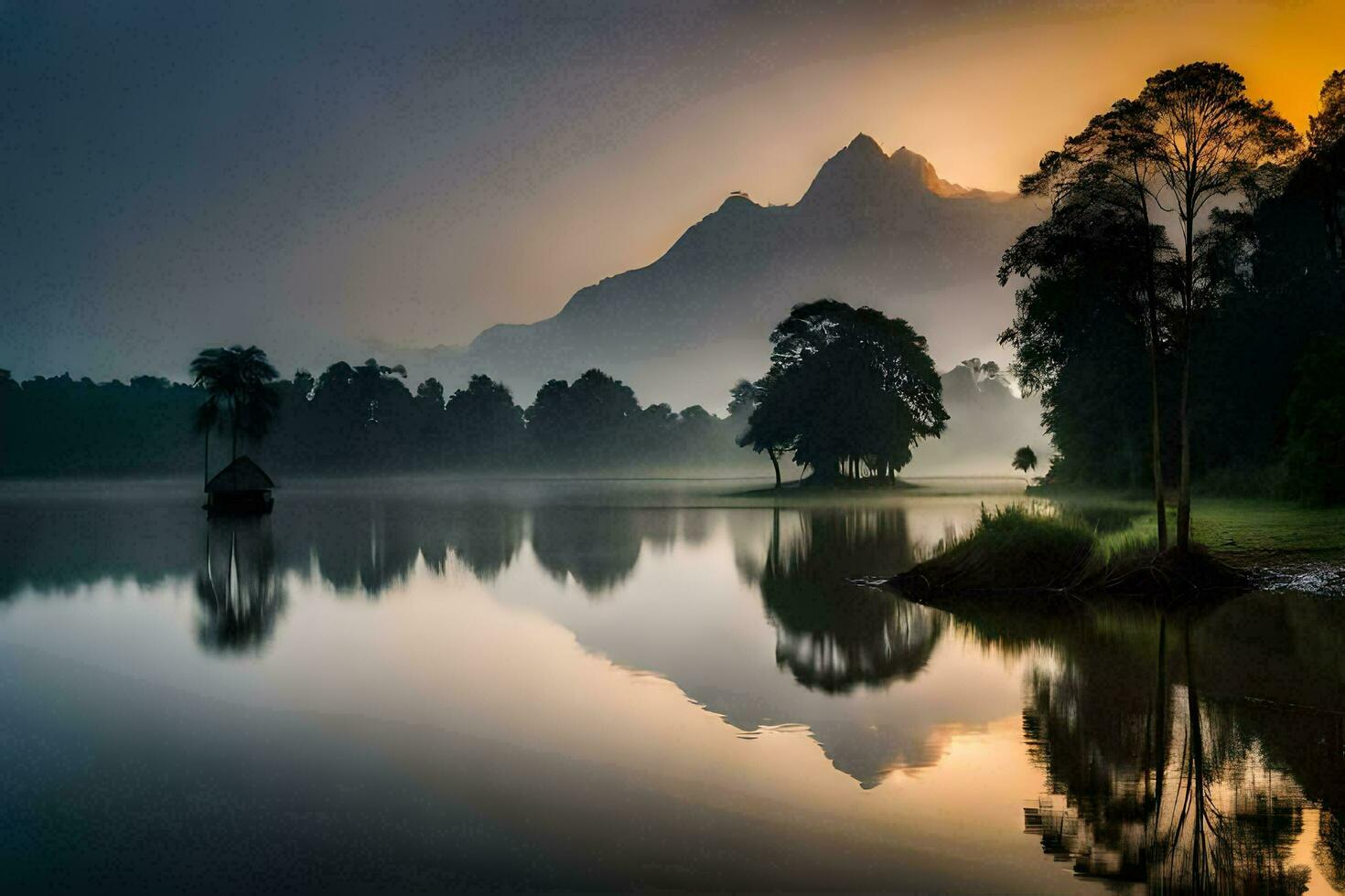 a lake with trees and mountains in the background. AI-Generated photo