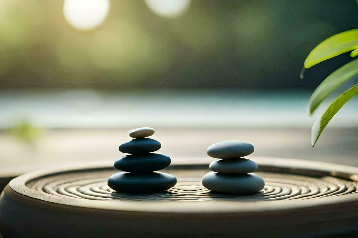 two stones stacked on top of a wooden bowl. AI-Generated photo