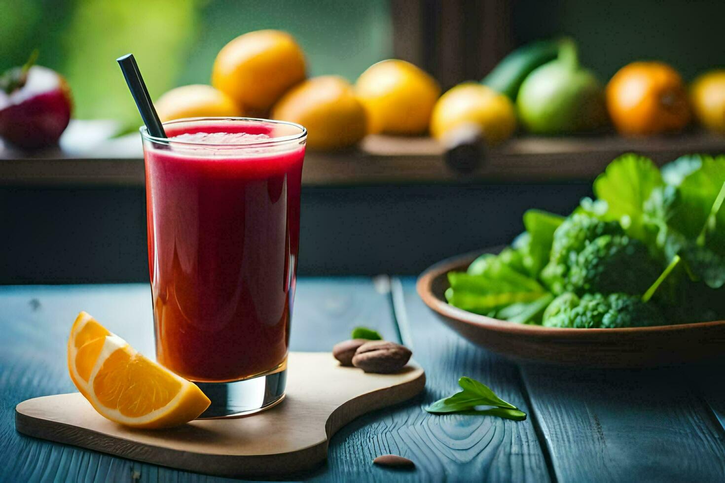 a glass of juice with an orange slice and broccoli. AI-Generated photo