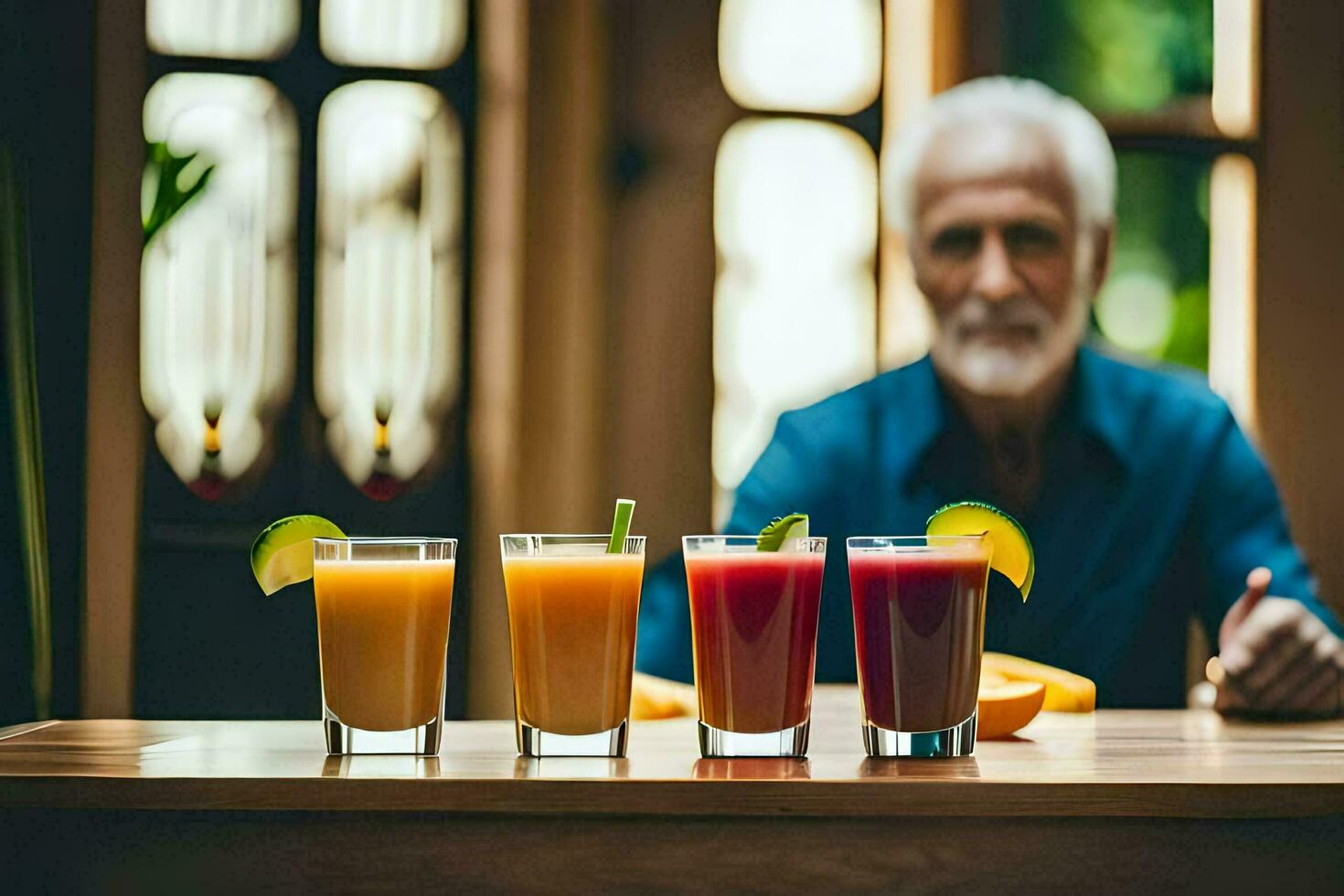 an older man sitting at a table with four different juices. AI-Generated photo