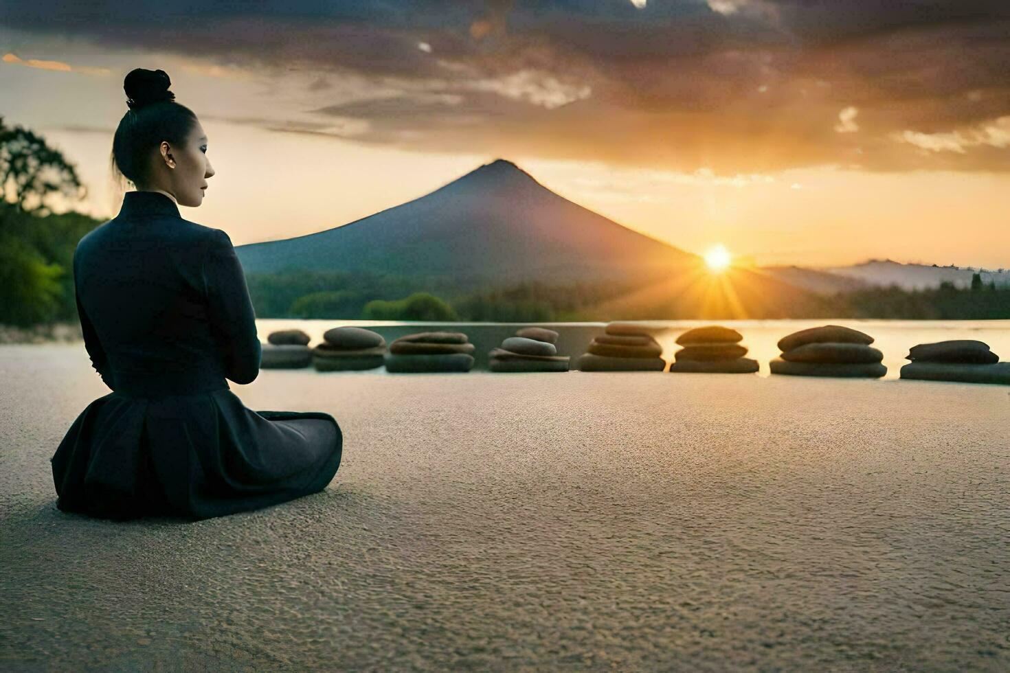 a woman meditating in front of a mountain at sunset. AI-Generated photo