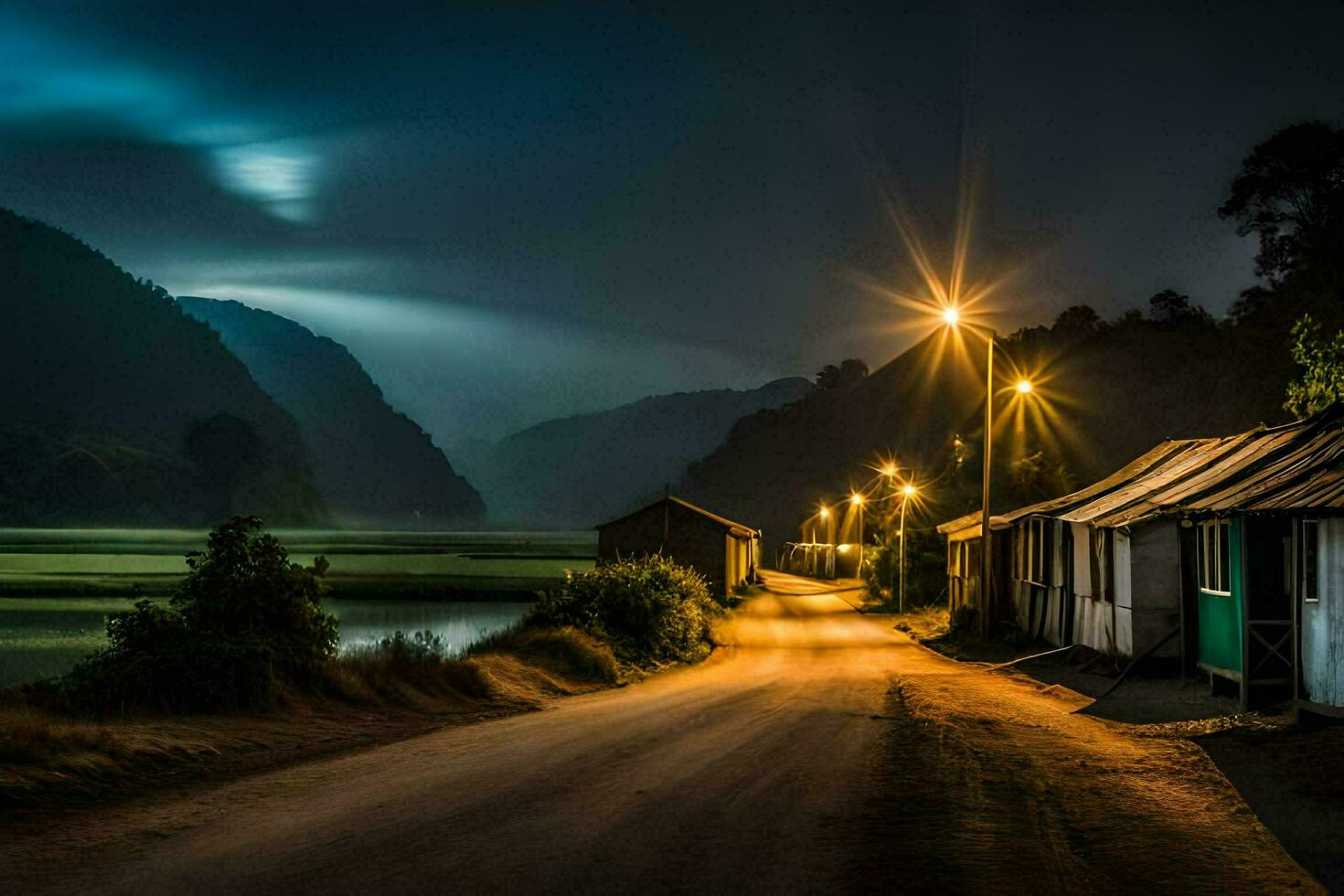 a road at night with houses and a lake. AI-Generated photo