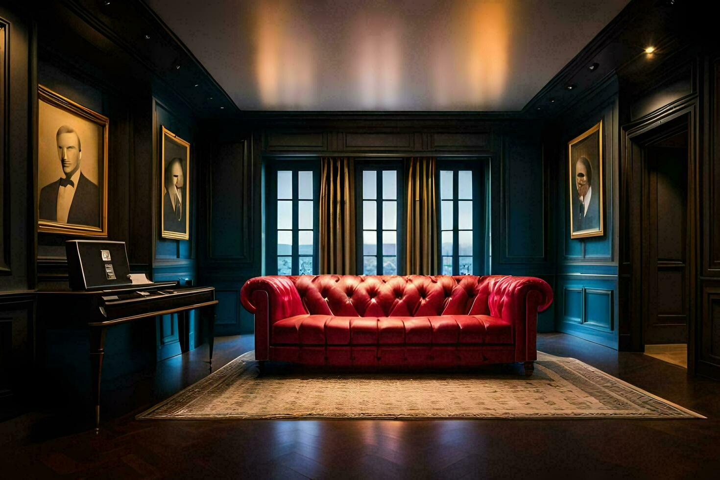 a red leather couch in a room with black walls and a piano. AI-Generated photo