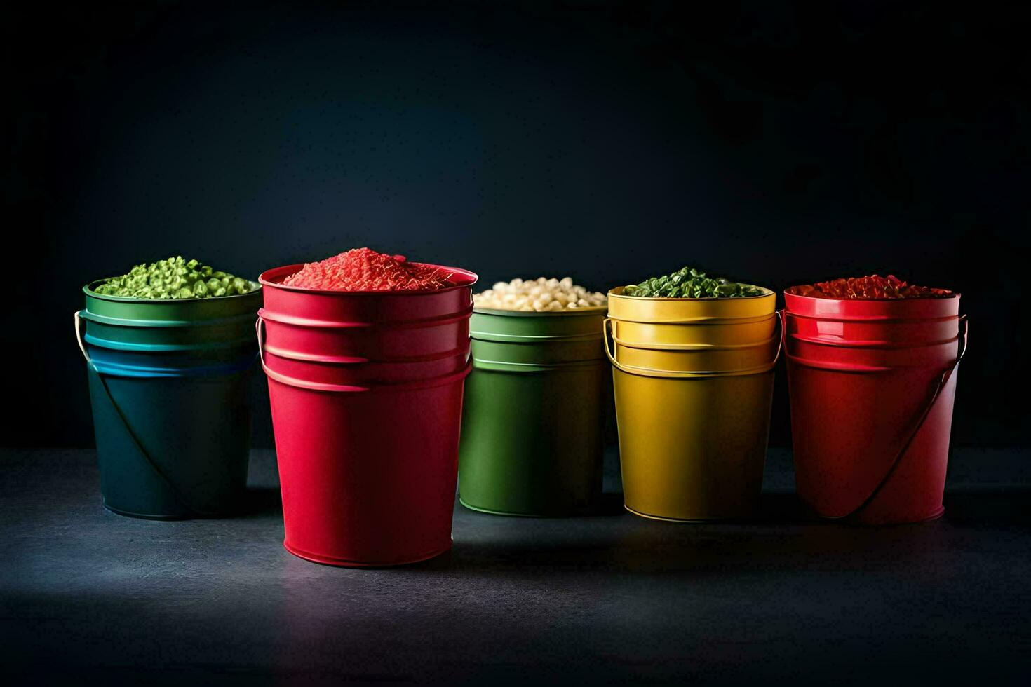 a row of colorful buckets with different colored grains. AI-Generated photo
