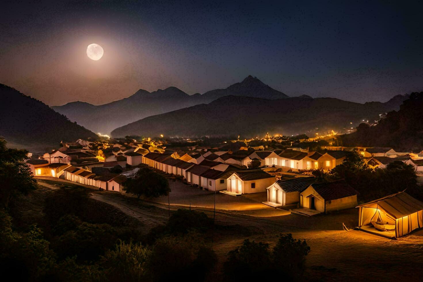 photo wallpaper the moon, night, the sky, the mountains, the village, the moon,. AI-Generated