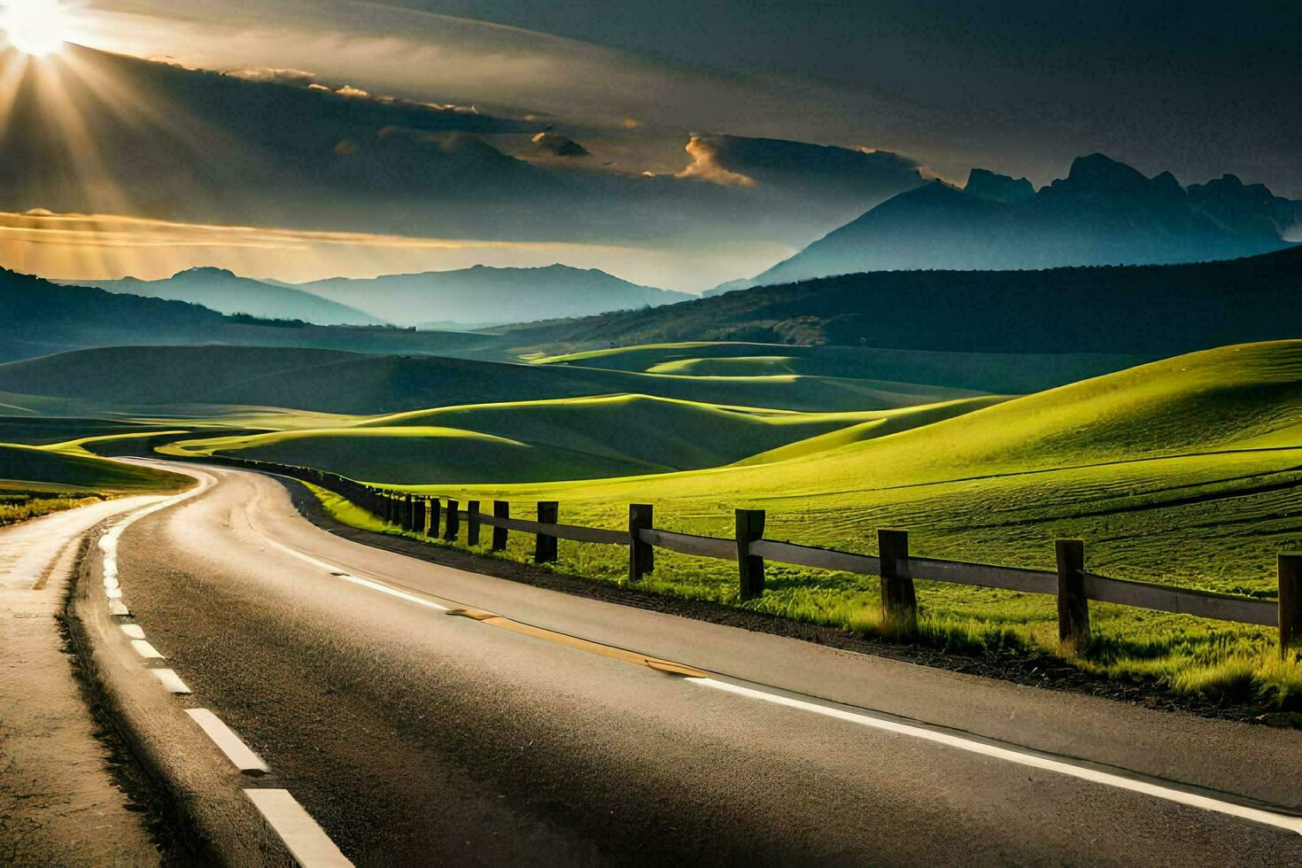 the sun shines over a road in the mountains. AI-Generated photo