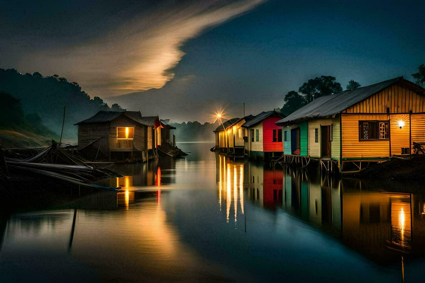 houses on the water at night with a full moon. AI-Generated photo