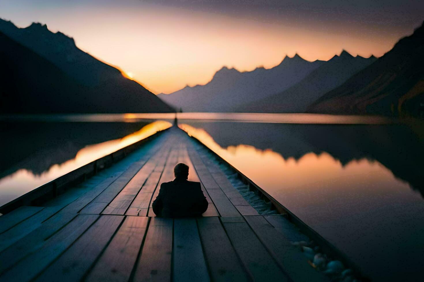 a person sitting on a dock looking at the mountains. AI-Generated photo