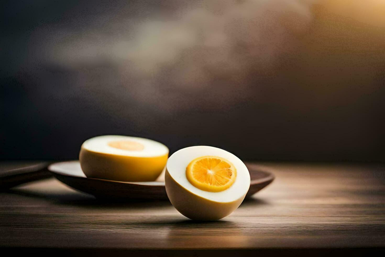 two halves of an egg on a wooden table. AI-Generated photo