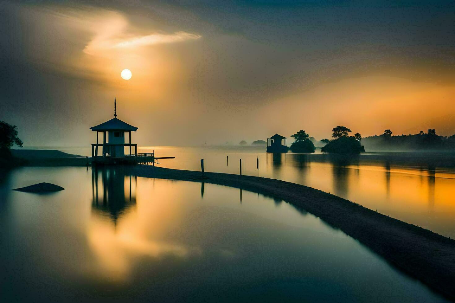 a gazebo sits on the edge of a lake at sunset. AI-Generated photo