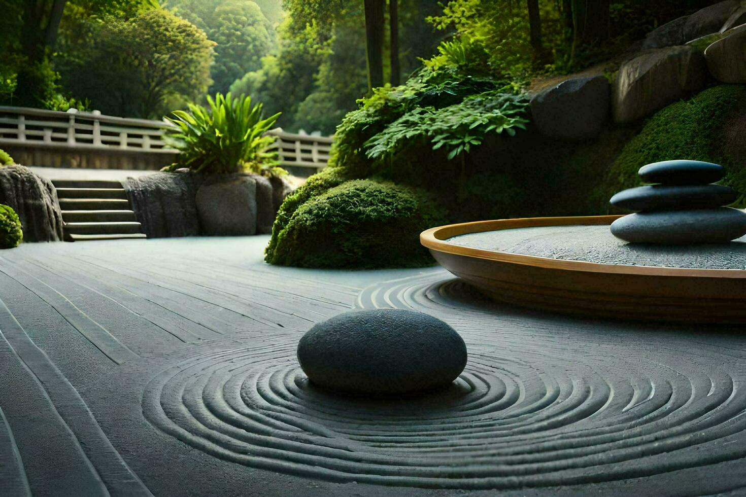 a zen garden with rocks and a stone bowl. AI-Generated photo