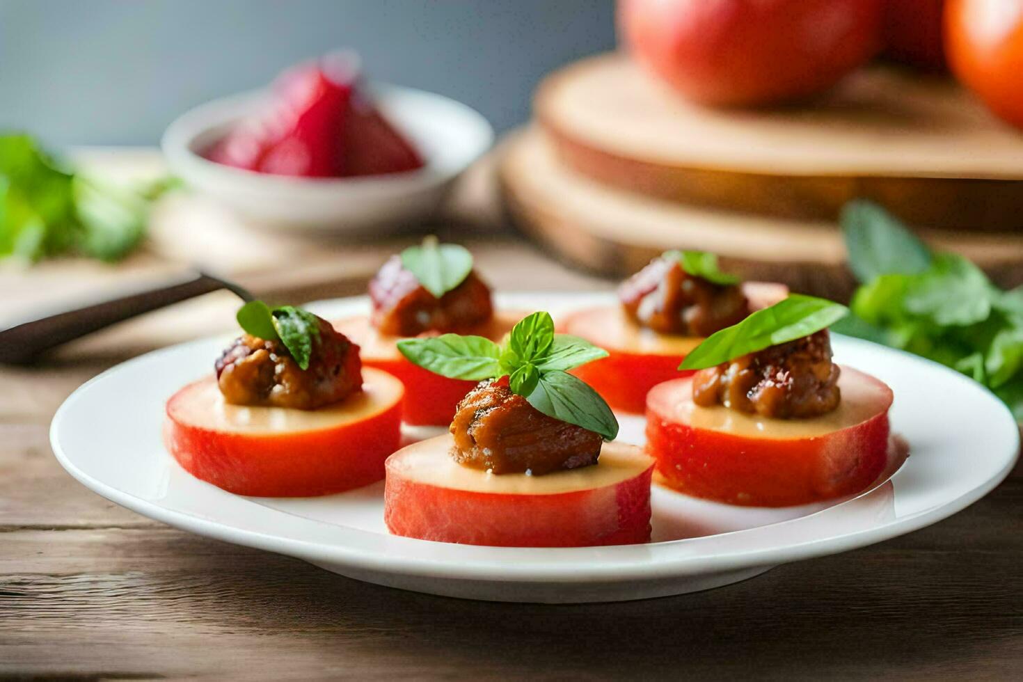a plate of appetizers with meat and apples. AI-Generated photo