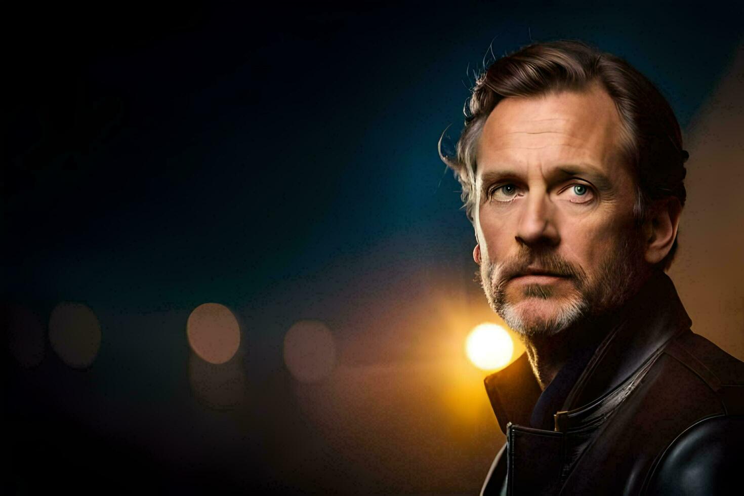 a man in a leather jacket looking off to the side. AI-Generated photo