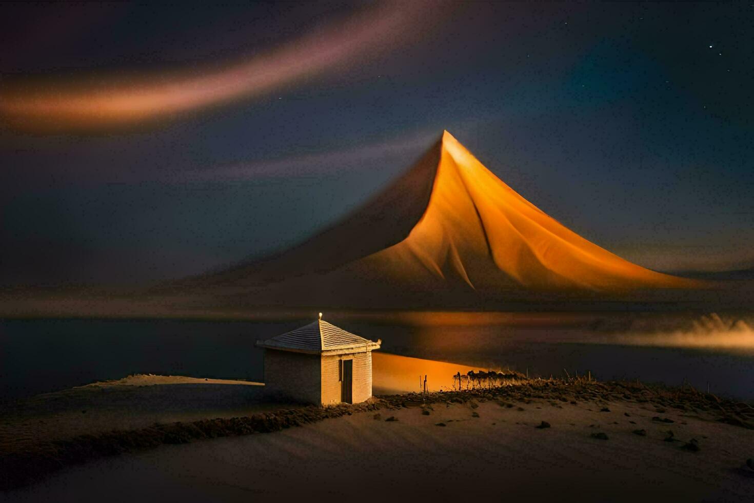 a small hut in the middle of a desert with a mountain in the background. AI-Generated photo