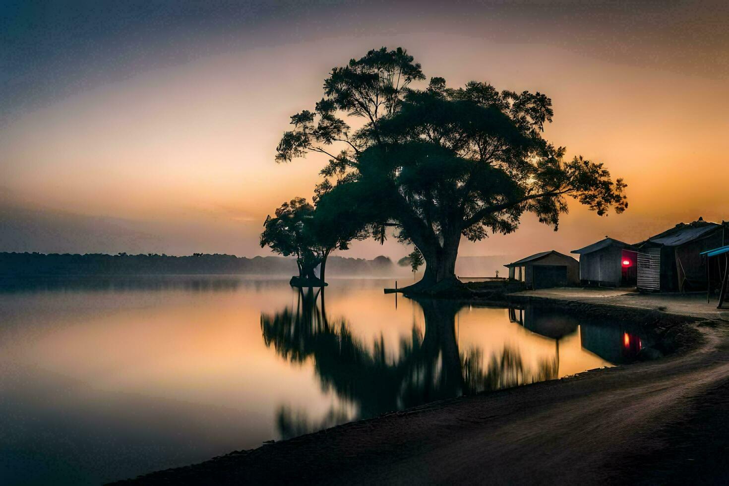 a tree and a house on the shore of a lake at sunset. AI-Generated photo