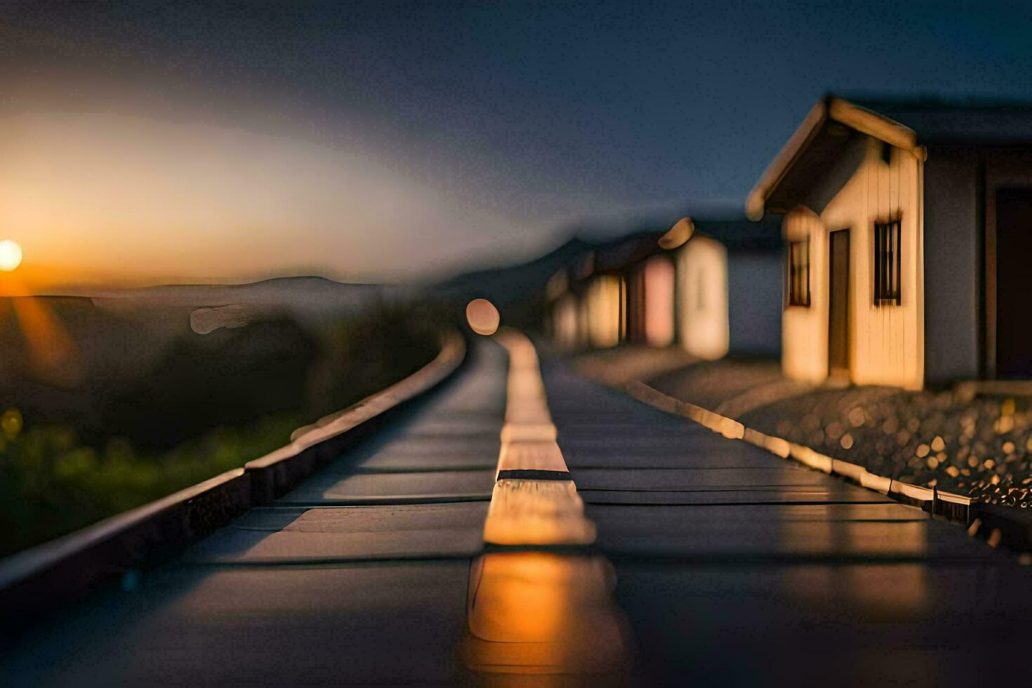 a long exposure photograph of a train track at sunset. AI-Generated photo