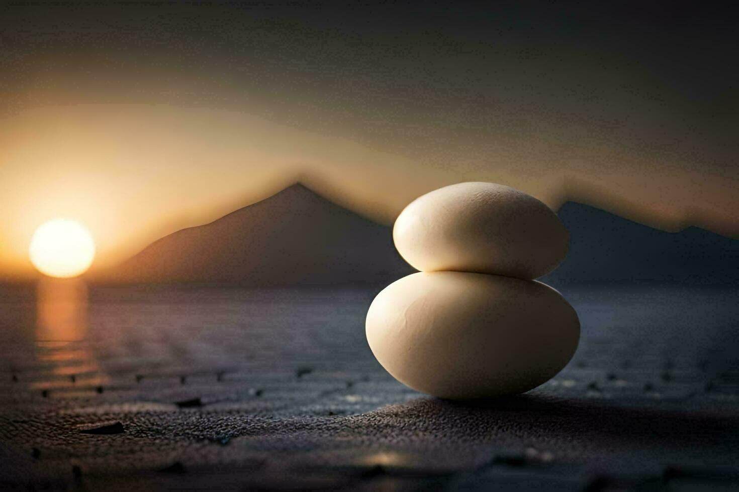 two balls are sitting on the ground in front of a mountain. AI-Generated photo