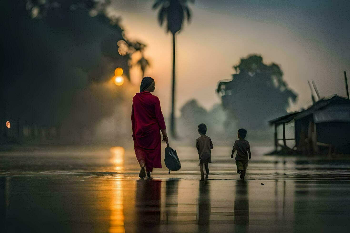 a woman and two children walking through a flooded street at sunset. AI-Generated photo