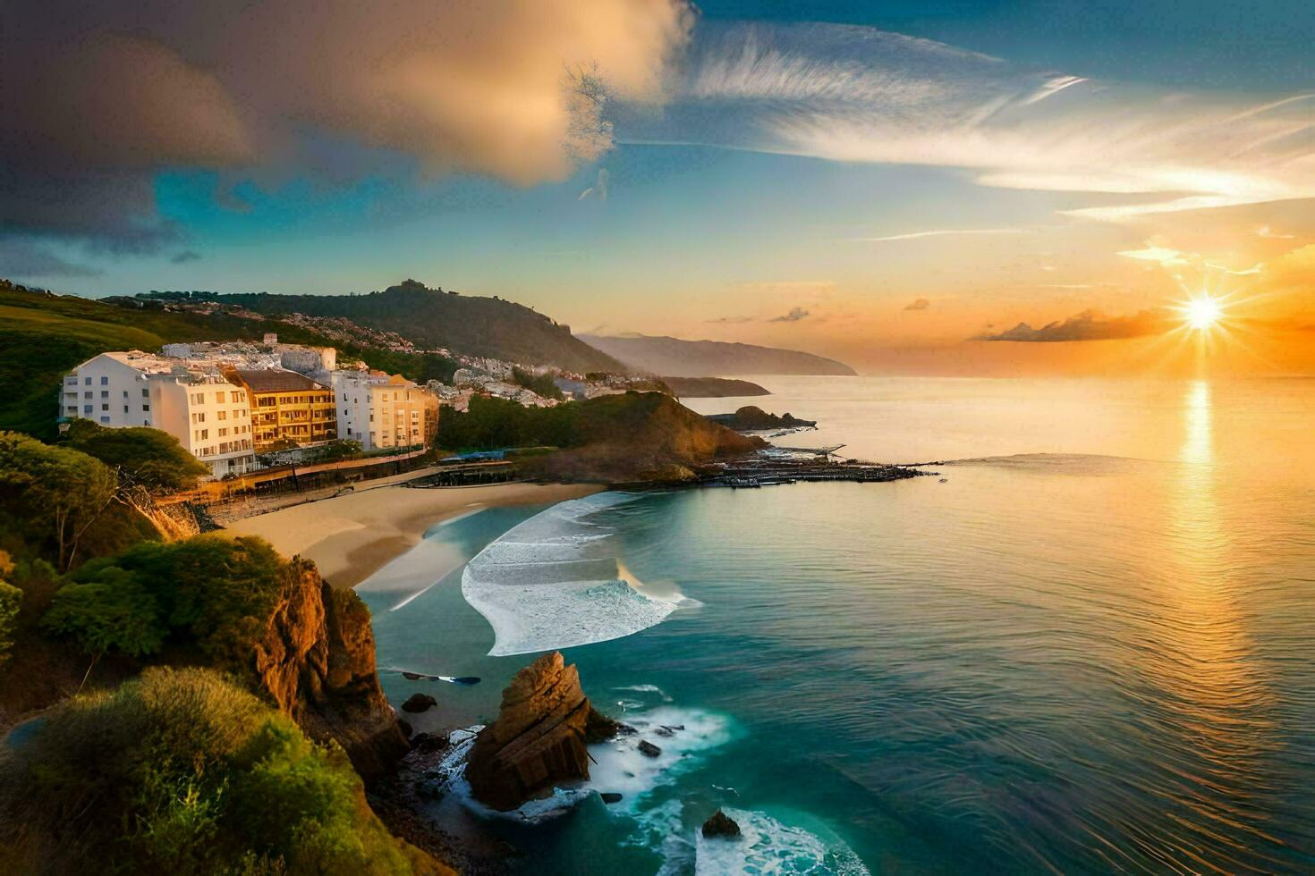 the sun sets over the ocean and a beach in spain. AI-Generated photo