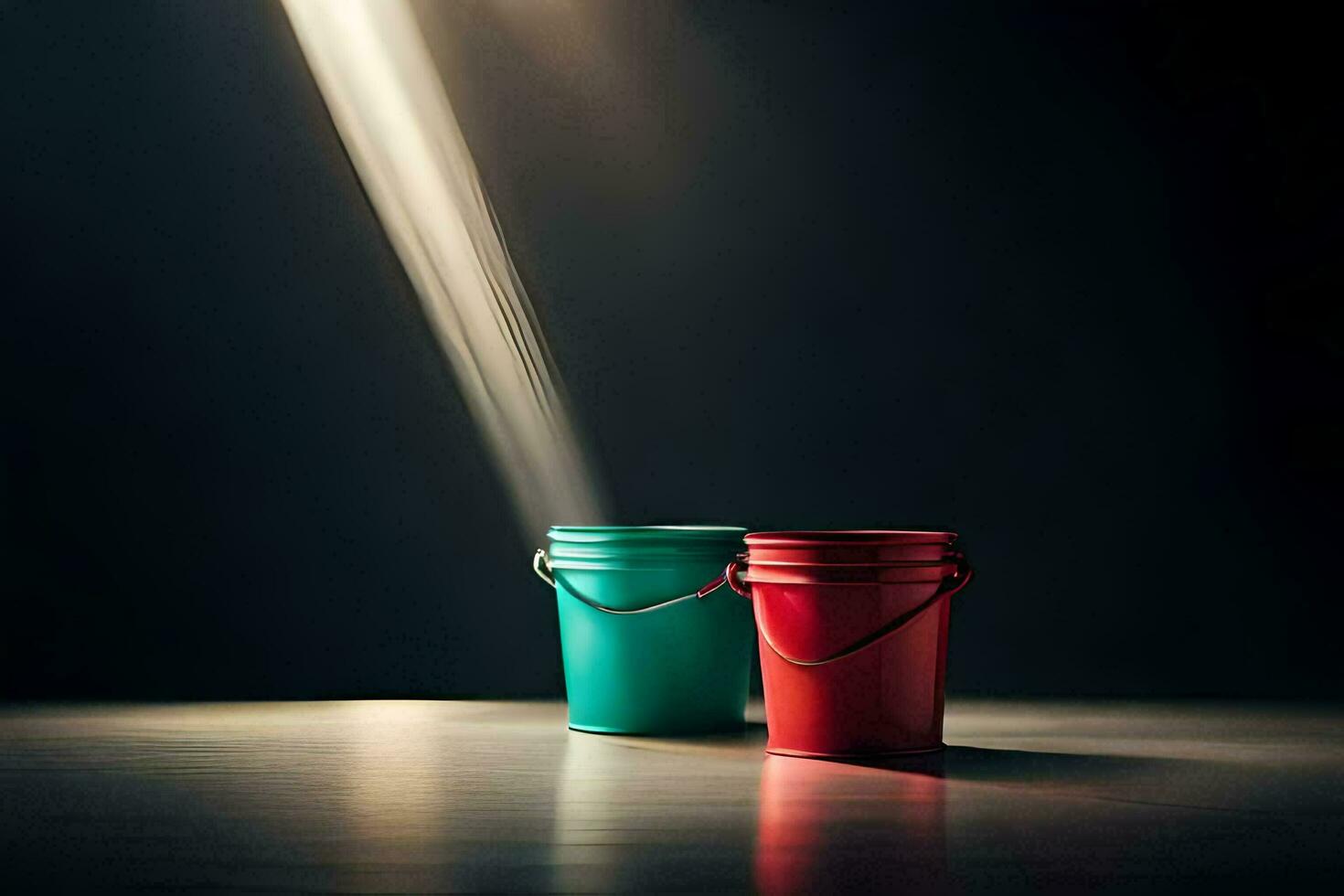 two buckets on a table with sunlight shining through. AI-Generated photo