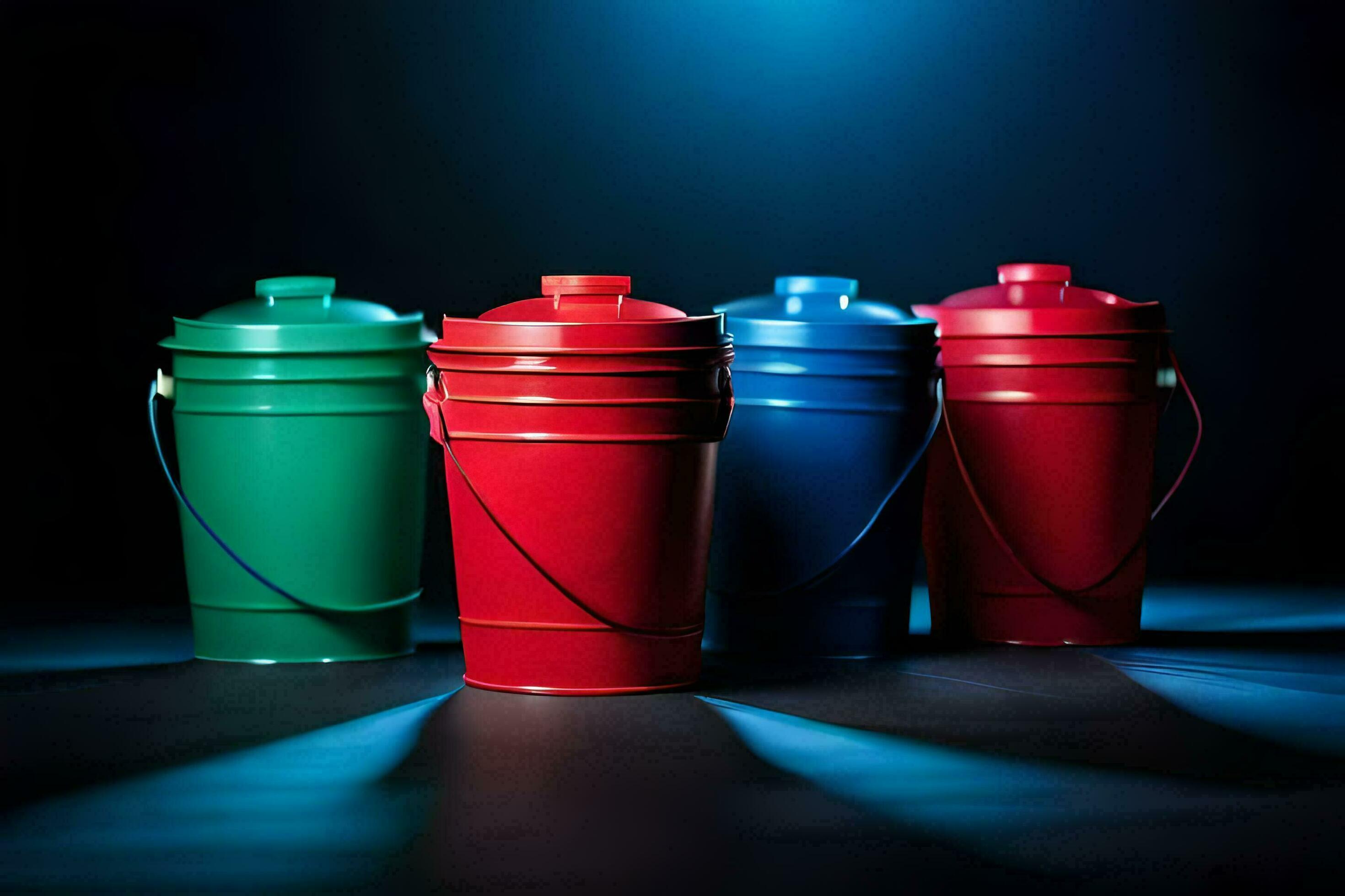 four colorful plastic buckets with handles on a dark background