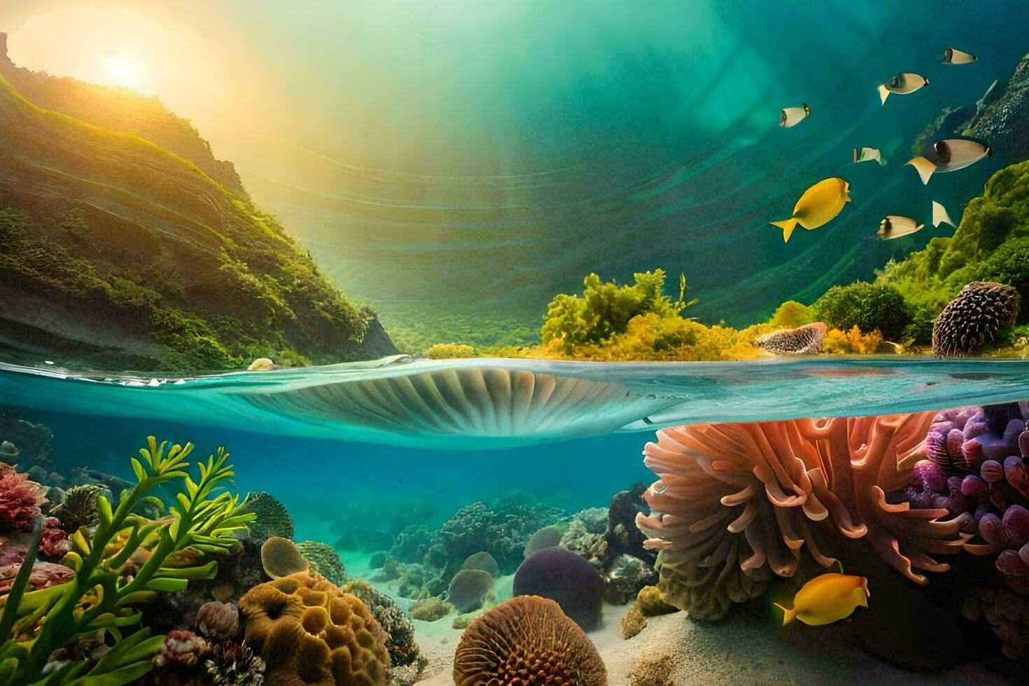 the sun shines over a coral reef and fish. AI-Generated photo