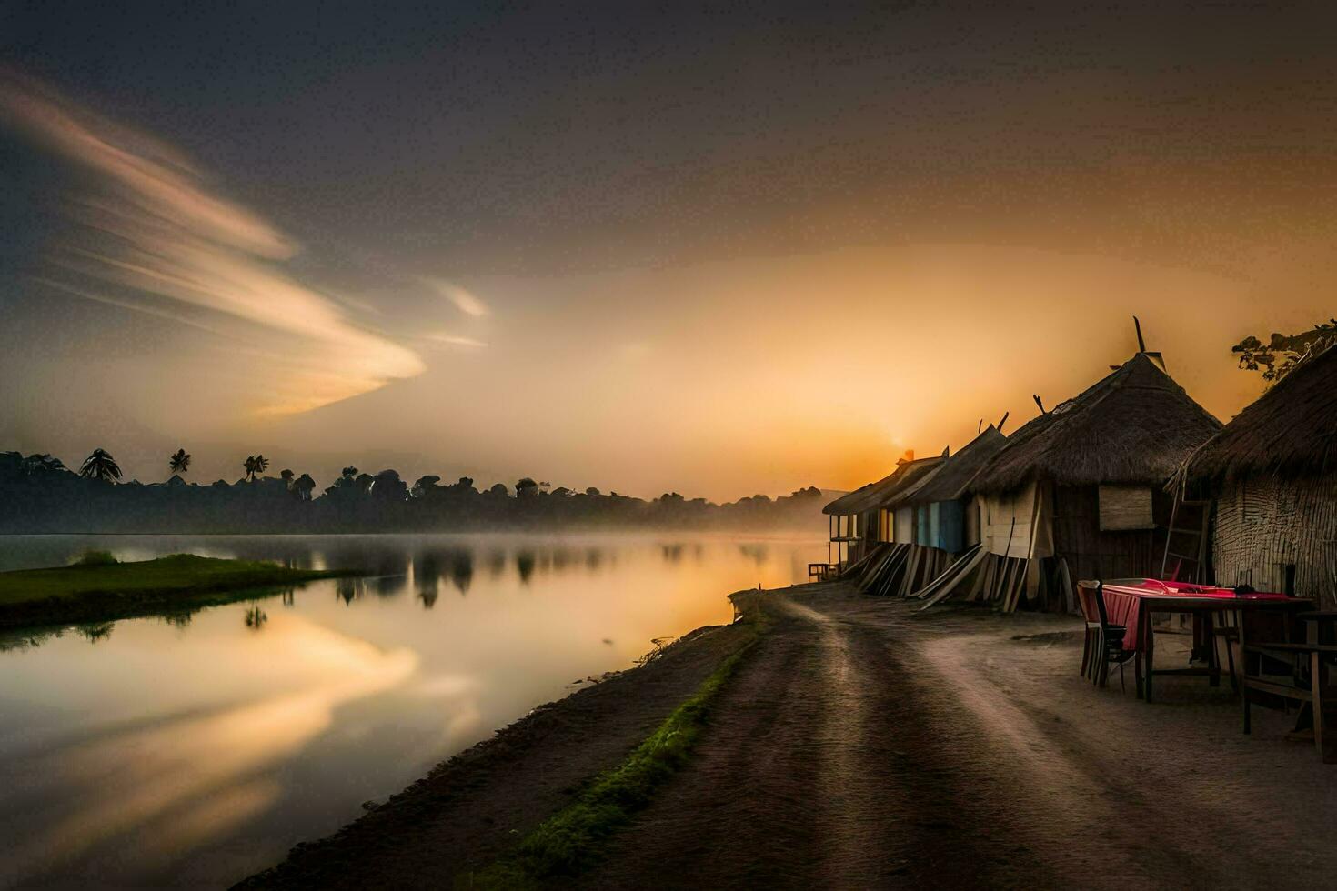 a river and some huts are in the foreground at sunset. AI-Generated photo