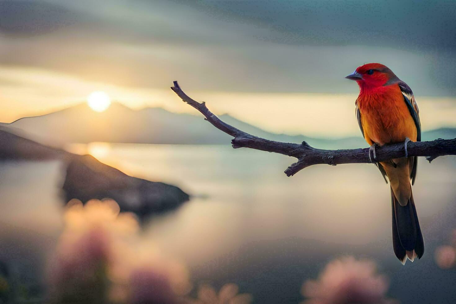 a red bird sits on a branch in front of the sunset. AI-Generated photo