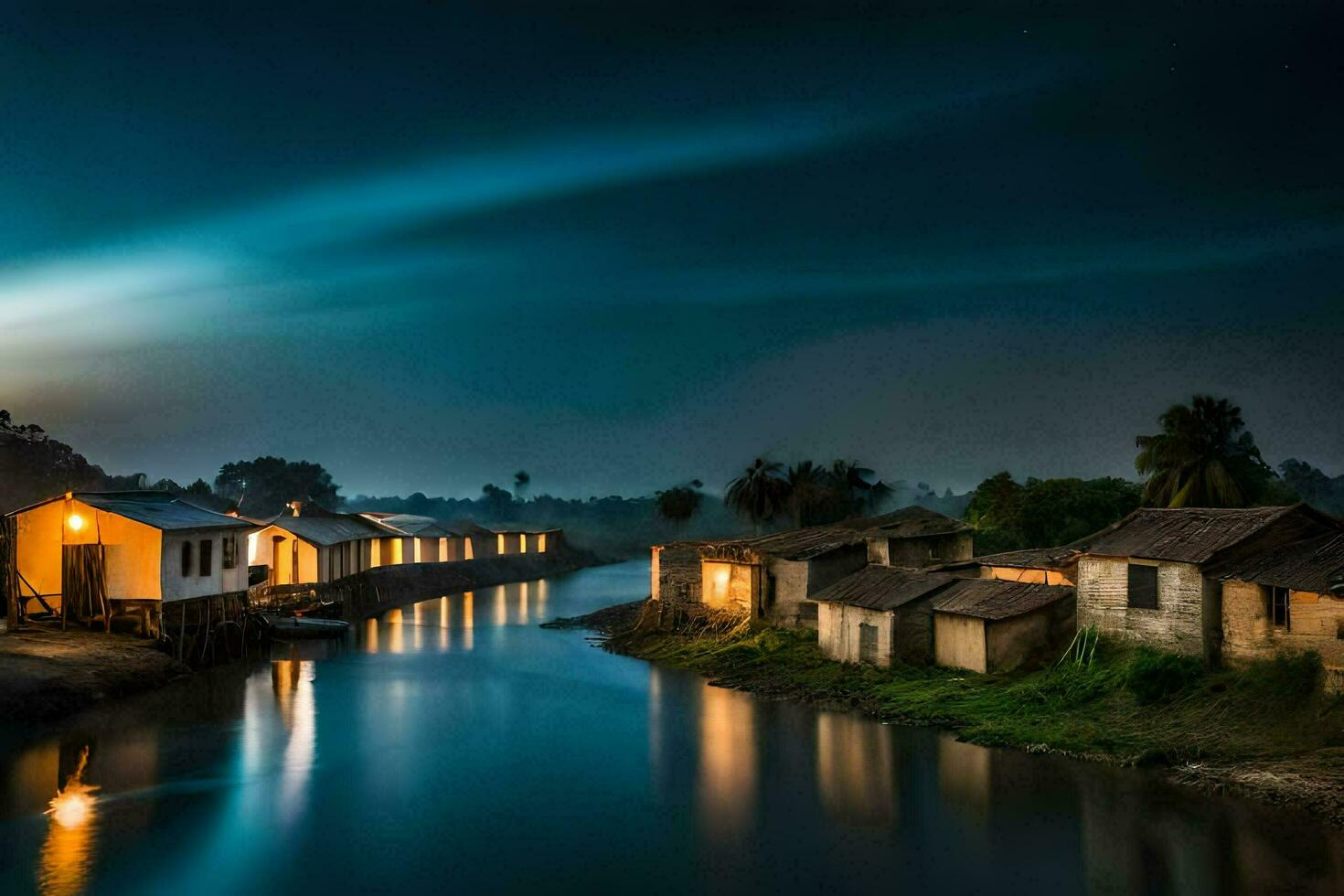 a river at night with houses and a moon in the sky. AI-Generated photo