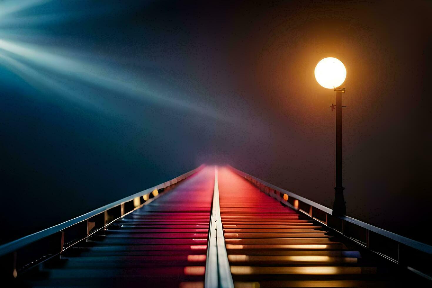 a long train track with a light at the end. AI-Generated photo