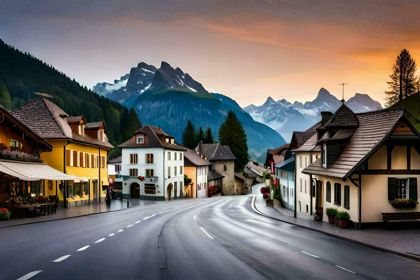 a street in the mountains with houses and mountains in the background. AI-Generated photo