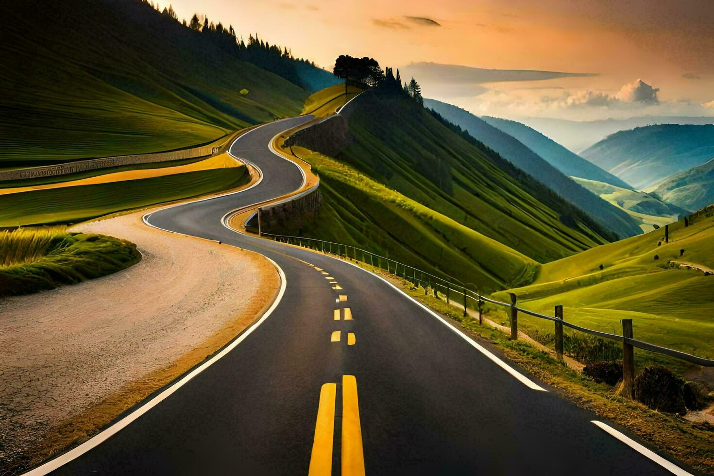 a winding road in the mountains with green hills. AI-Generated photo