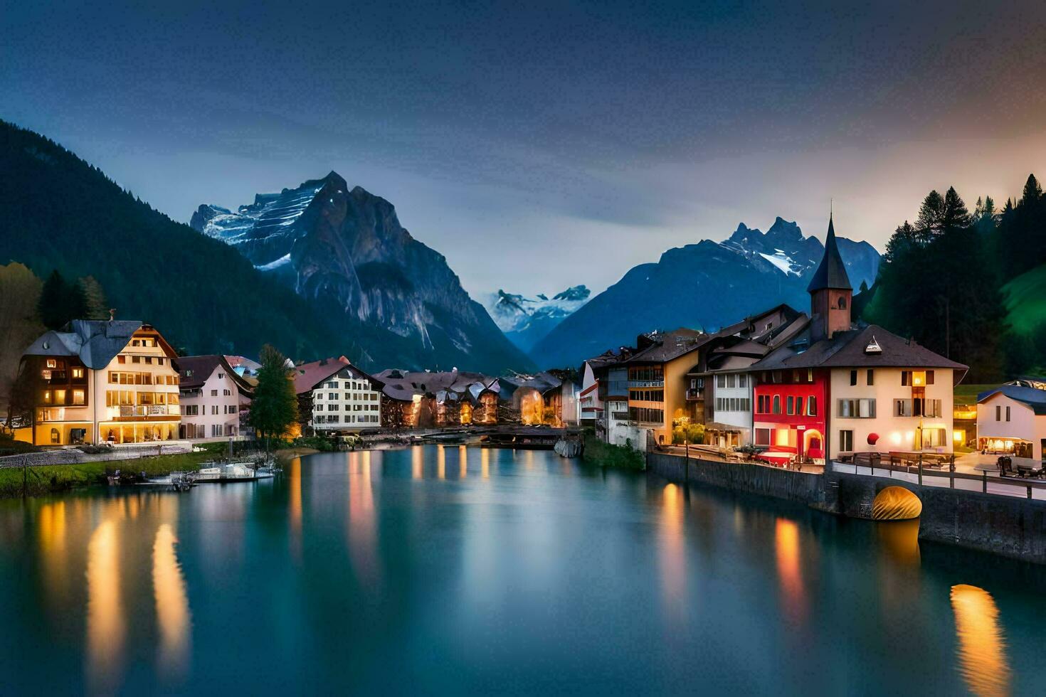 the beautiful town of switzerland at dusk. AI-Generated photo
