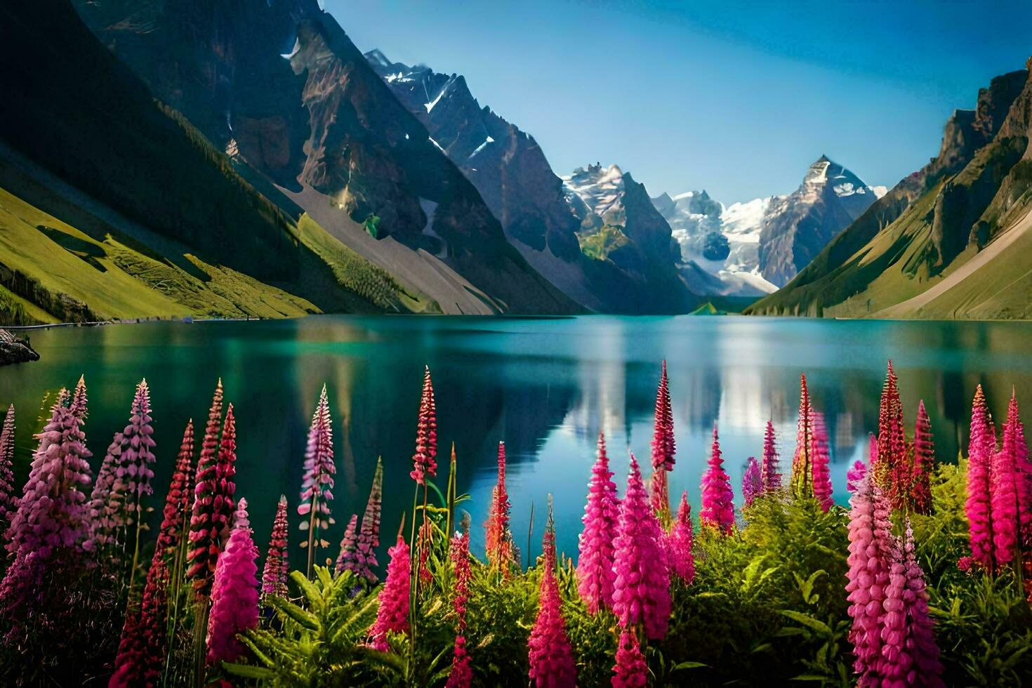 beautiful mountains and flowers in the foreground. AI-Generated photo