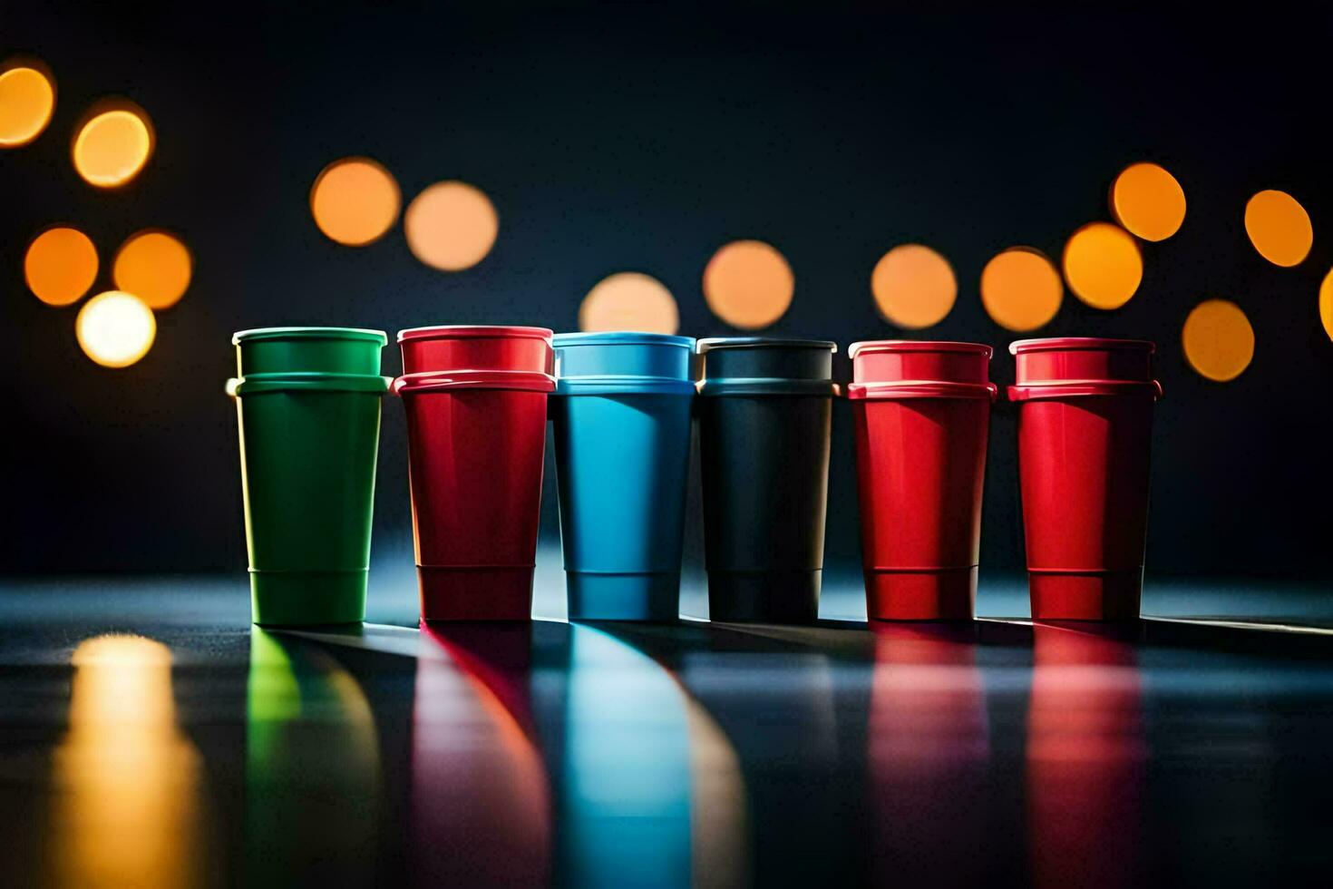 a row of colorful cups on a dark surface. AI-Generated photo