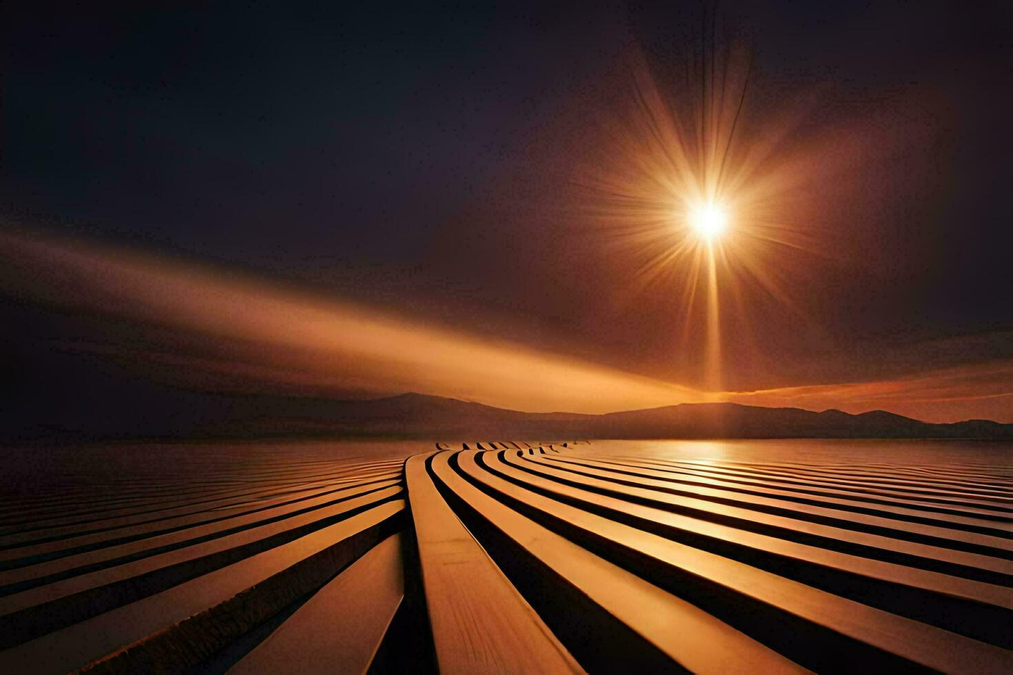 sunlight shining over a long wooden pier. AI-Generated photo