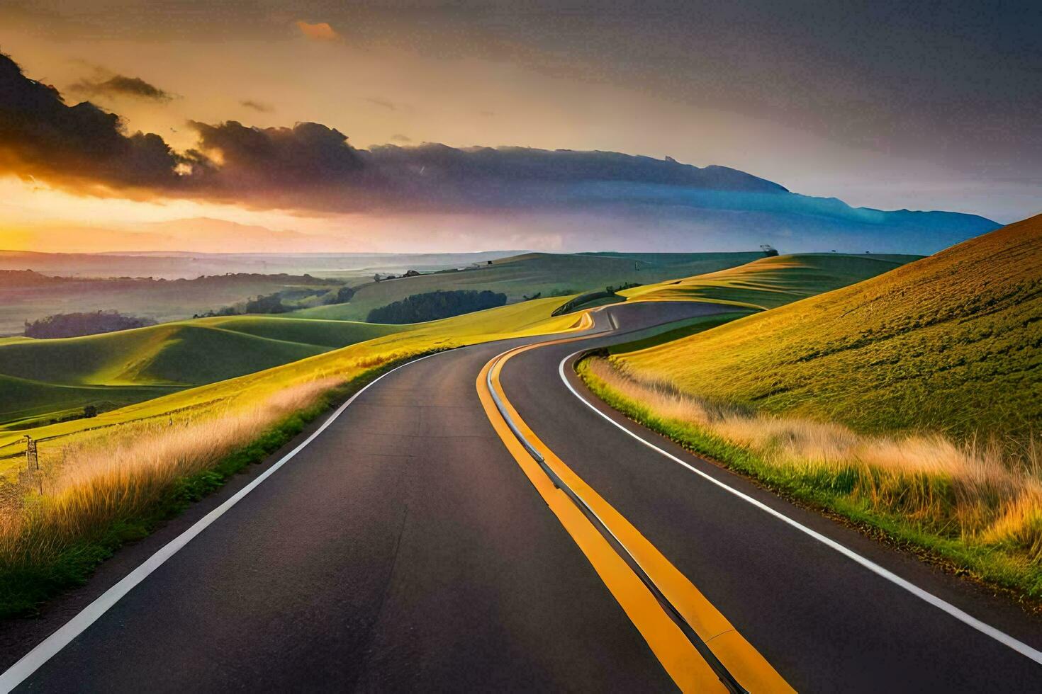 a road with a sunset in the distance. AI-Generated photo
