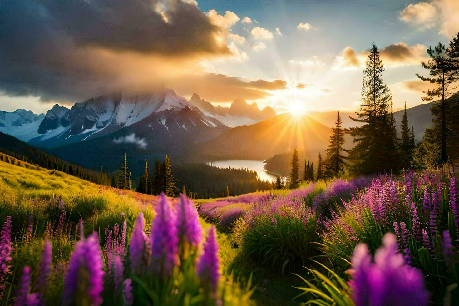 the sun rises over the mountains and flowers in the foreground. AI-Generated photo