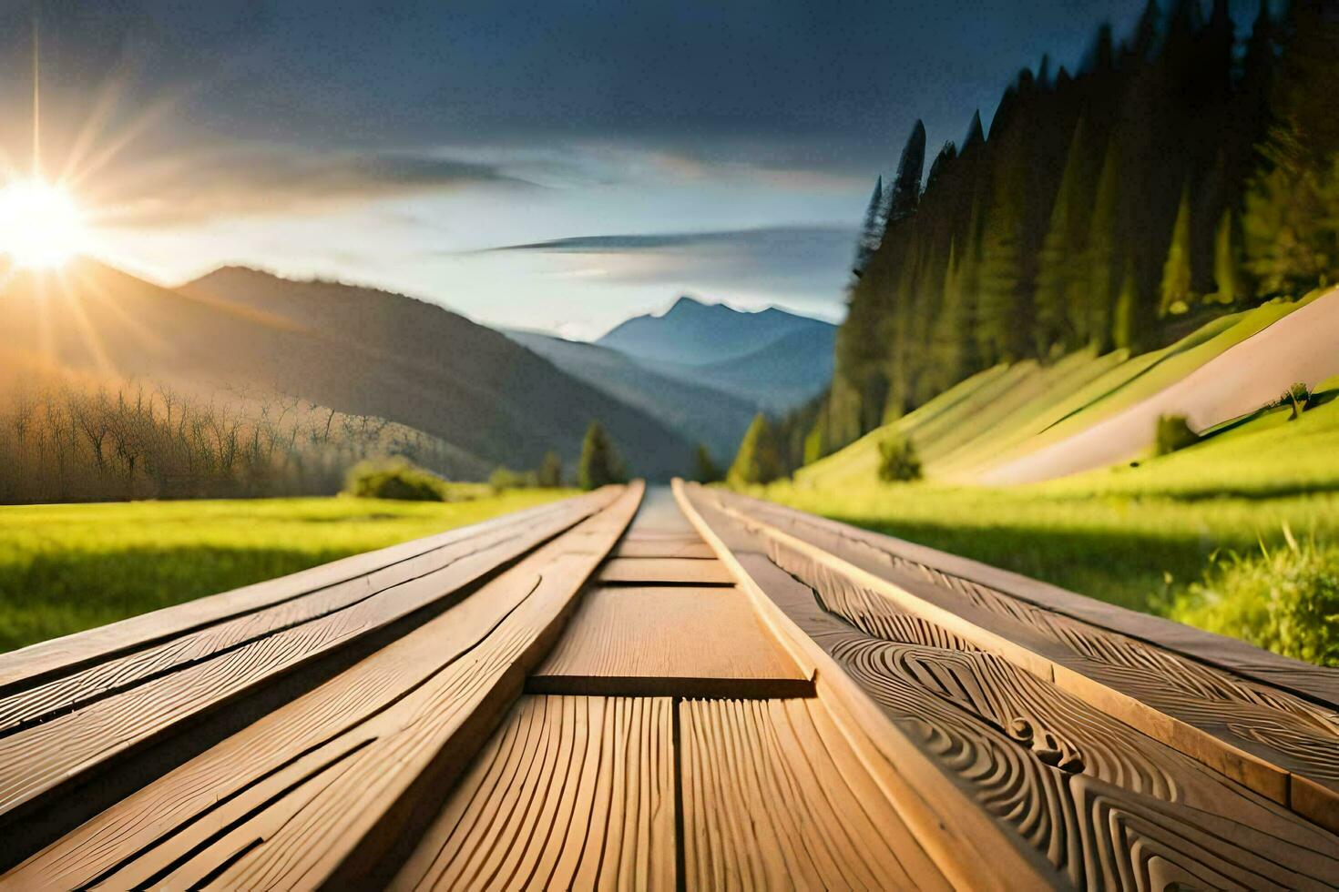 wooden path in the mountains. AI-Generated photo