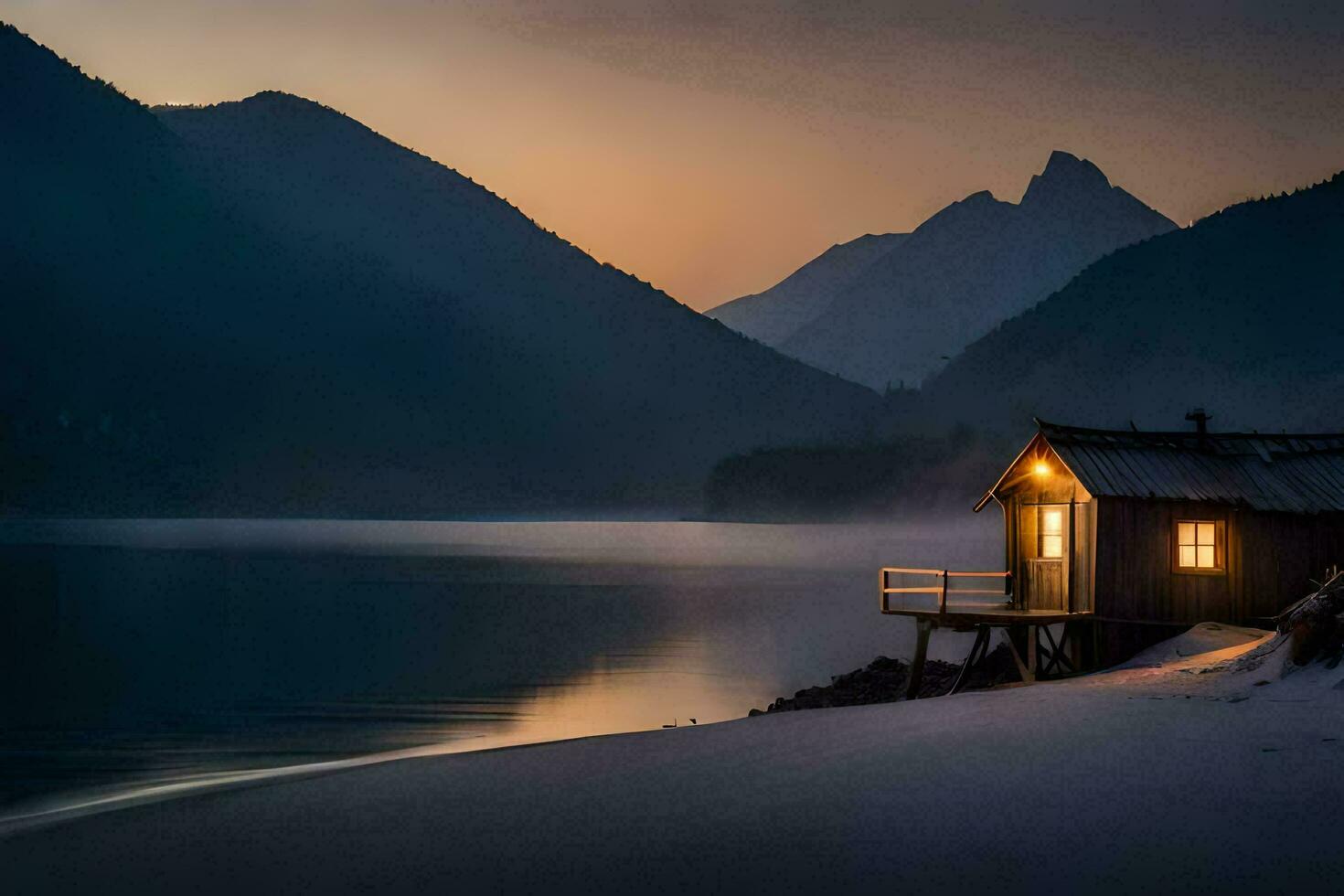 a cabin sits on the shore of a lake at sunset. AI-Generated photo